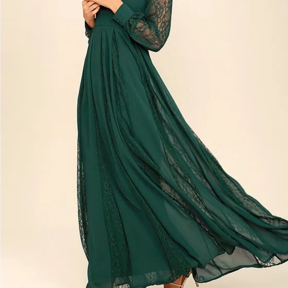 Lulu's Green Maxi Gown with Long Bishop Sleeves and Mock Neck for Wedding Guest